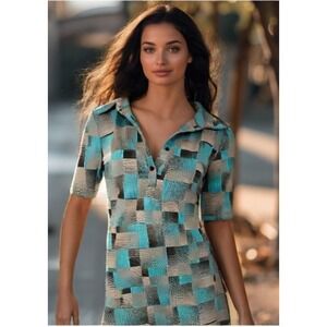 90s Geo Shirt Dress WOmens Size M California Concepts Collar Short Sleeve Blue